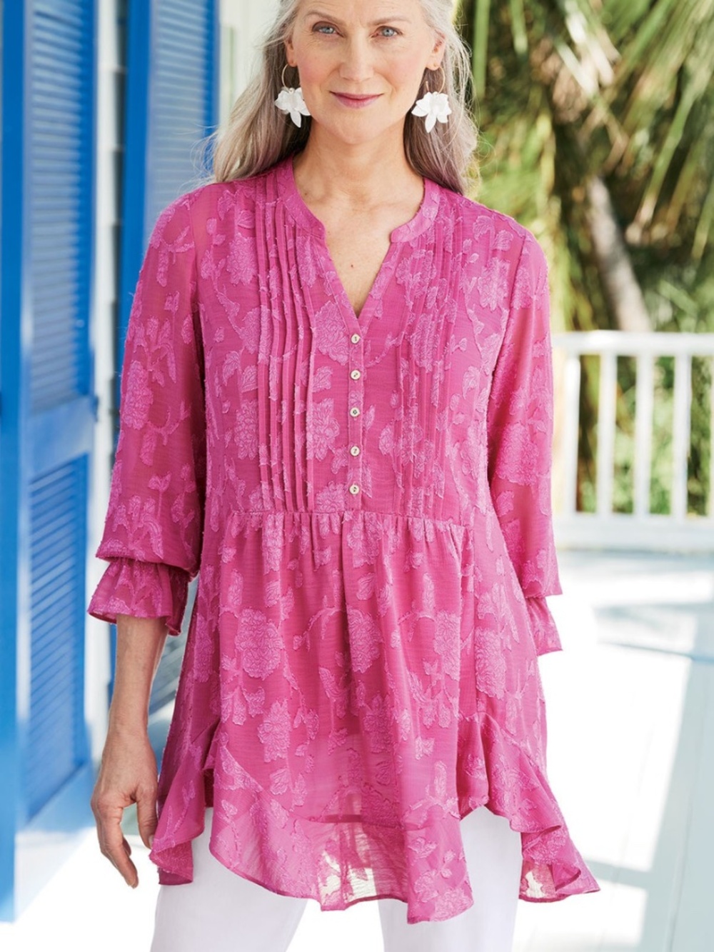 Soft Surroundings Jacquard Sheer Ruffle Tunic and Tank Size Large NWOT